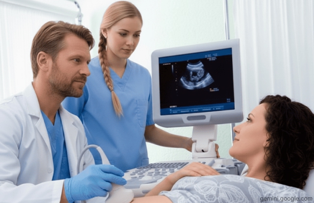 Обследование роженицы с помощью УЗИ аппарата